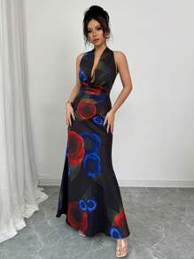 Selianne Elegant Floral Print Halter Dress With Oversized Collar - Multicolor - View 4