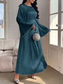 Al Najma Women's Elegant Solid Color Flare Sleeve Long Dress, Spring/Summer, Modest Elegant A Line Arabian Dresses, For Evening Party/Wedding Guest/Anniversary/Daily Wear