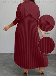 Elenzga Váy sơ mi lưng nhún màu trơn thường ngày cỡ lớn - Màu Đỏ Sâu - Xem 1
