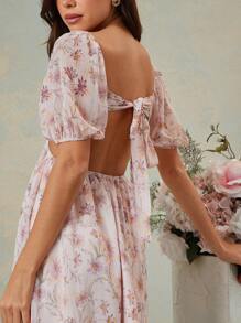 L'Amorae 后背系带花卉印花迷你连衣裙