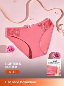 LUVLETTE 粉色中腰心形基本款蕾丝网状三角裤情人节性感内衣内裤女士内裤 - 粉色 - 查看 1