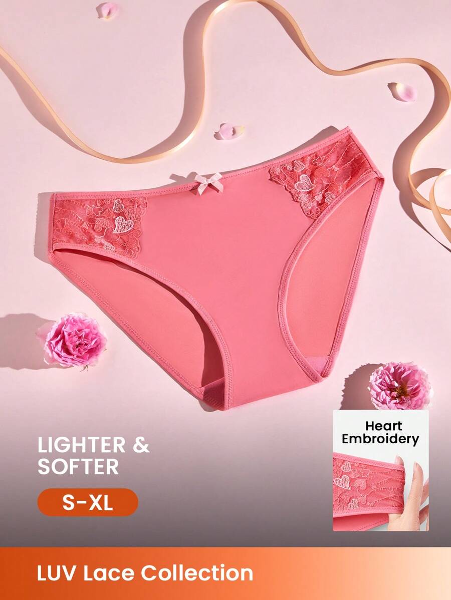 LUVLETTE 粉色中腰心形基本款蕾丝网状三角裤情人节性感内衣内裤女士内裤 - 粉色 - 查看 1