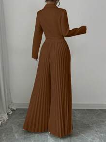 Elenzga 2 Pieces Set: Solid Color Button-Up Jacket And Wide-Leg Pleated Pants
