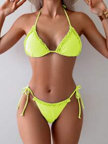 Swim Mod 女士条纹航海风拼接荷叶边系带比基尼套装，适合夏季海滩度假 - 黃色 - 查看 4