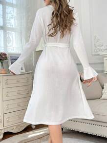 Women's Long Elegant Robe With Ruffle Sleeves, Loungewear - White - View 2