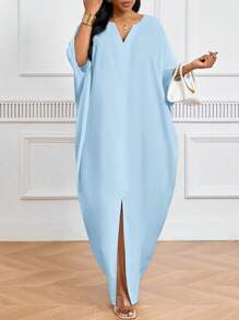 SHEIN Lady 节日连衣裙大码短袖女士长袍宽松垂坠节日新娘送礼会礼服海滩女士高腰修身长裙 - 淺藍色 - 查看 3