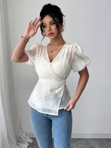 Elenzga 女士刺绣常规度假夏季衬衫 - 杏色 - 查看 4