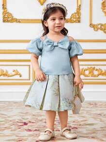 SHEIN 2 件套女婴细肩带露肩上衣，带蝴蝶结装饰和提花褶皱 A 字裙 - 綠色 - 查看 5