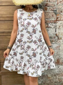 SHEIN Clasi Plus Size Colorful Waves Print Backless Tied Knot A-Line Ruffle Hem Summer Vacation Dress - White - View 3