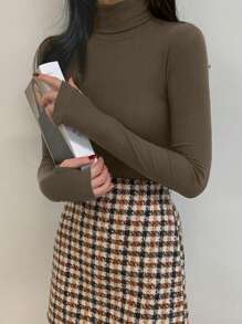 DAZY 女士高领修身打底T恤，休闲日常，秋季长袖女装 - 卡其色 - 查看 4