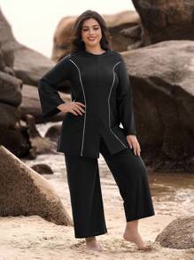 Swim Mulvari 2件套加大码黑白拼接长袖和裤子穆斯林风格女士端庄比基尼套装
