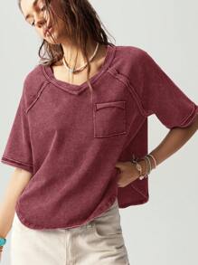 Bohemela BOHO Casual Solid Color Knitted Crew Neck Raglan Short Sleeve Loose T-Shirt For Women