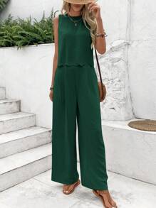 SHEIN Frenchy Set de 2 piezas con top sin mangas liso y pantalones para mujer, uso casual y sencillo para el día a día