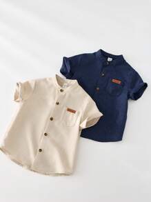 SHEIN 2件装年轻男童休闲日韩版干净彩色立领宽松梭织衬衫两色各一件或两件套，适合上学、居家、度假、运动穿着，适合春夏季节，买1件送1套，买2件超值划算，适合送礼 - 彩色 - 查看 7