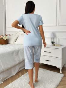 SHEIN Cottnline Women 2pcs Contrast Colour Bird&Flower Printed Shirt And Contrast Colour Floral Pattern Sleep Bottom PJ Set - Baby Blue - View 2