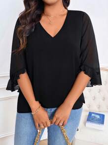SHEIN LUNE 大码女式 V 领 3/4 袖不对称下摆和背部透明设计衬衫，优雅的日常通勤穿着