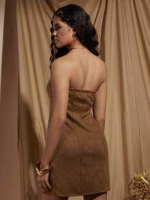 COSMINA Váy mini da lộn ống màu rám nắng cho nữ, thanh lịch cho mùa xuân/hè - màu nâu - Xem 2