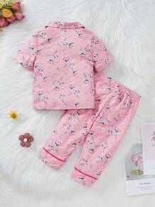 Bộ 2 món/Bộ đồ mặc nhà in hoa cho bé gái tay ngắn thường ngày và quần - Hồng - Xem 2