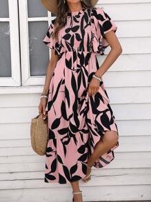 SHEIN Clasi Allover Print Ruffle Sleeve Vacation Beach Dress