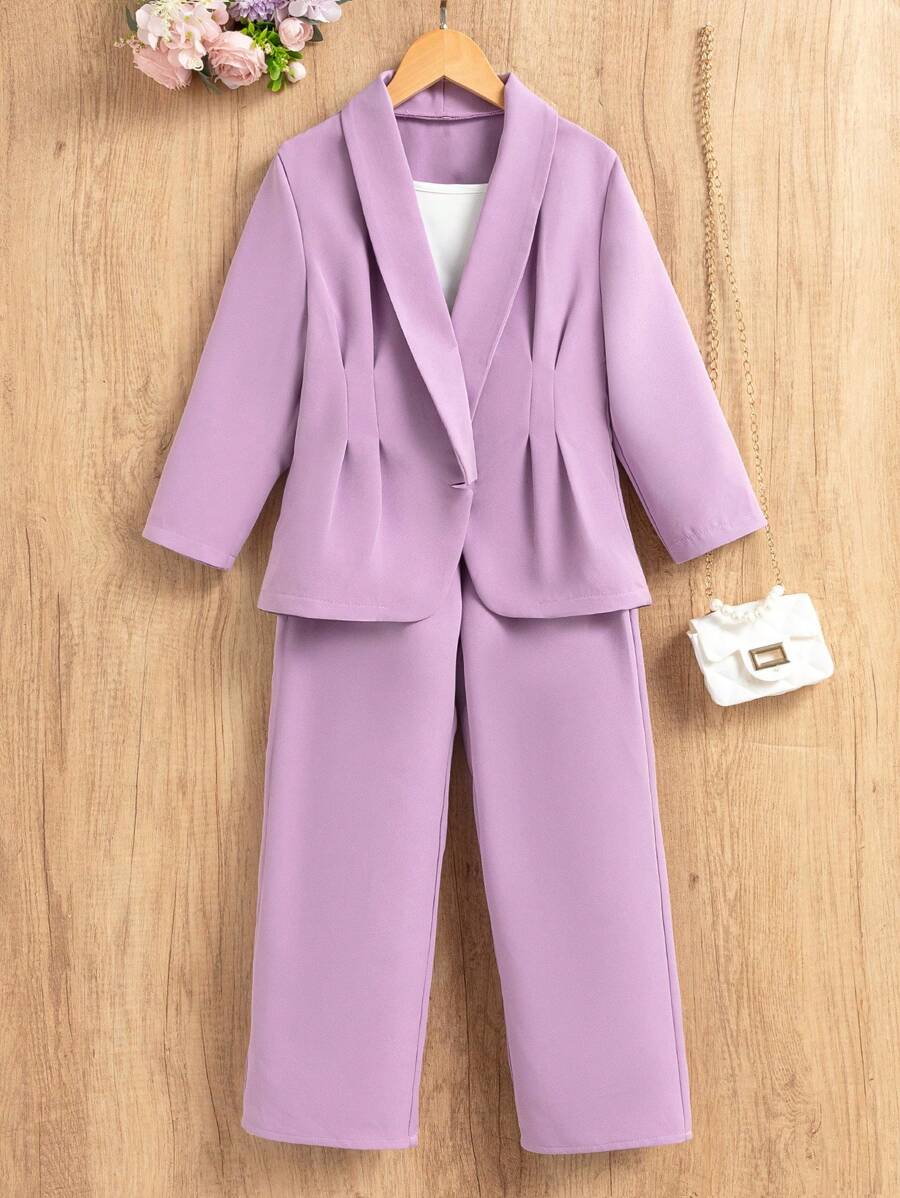 2Pcs Set Tween Girls Elegant Commuting High-Waist Collar Jacket & Pants - Violet Purple - View 1