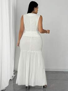 SHEIN Unity 大码 2 件套女式 V 领背心上衣和褶皱长裙 - 白色 - 查看 3