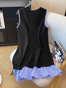 SHEIN LUNE Summer Commuter Sleeveless Two-Piece Contrast Stripe Patchwork Pocket Decor A-Line Mini Dress