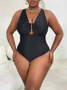 Swim Lushoire Plus Size Women Plain Color V-Neck Hollow Out Metallic Buckle Criss-Cross Waist Rouched One-Piece Swimsuit, For Swimming Pool, Leisure, Beach For Summer Beach Vacation - Black - View 3