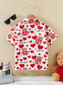 SHEIN Chemise à col et manches courtes et mignonne pour jeune garçon avec imprimé cœur et ours. Fournissant un port confortable pour les garçons pendant la saison estivale - Blanc - Voir 2