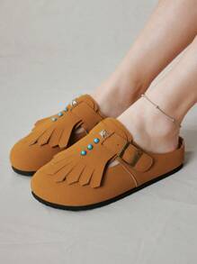 Solecia Women Daily Casual Flats With Buckle Design Patchwork Tassel, Comfortable Walking Shoes Spring Shoes Spring Break Easter - Brown - View 5