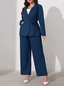 SHEIN Clasi 2 件套大码女式 3D 花卉长袖西装外套和裤子套装 - 藍色 - 查看 5