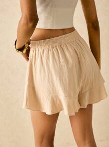Poéselle 100% Cotton Ruffle Hem Solid Shorts - Beige - View 4