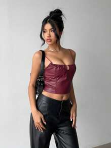 Aloruh Women's Sexy Solid Color Leather Strap Halter Neck Split U-Neck Knit Bodycon Camisole For Spring & Summer - Apricot - View 6