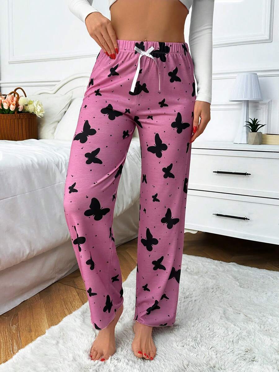 RueChic Women Viscose High Quality All Over Contrast Colour Butterfly With Ribbon Detail Homewear Lounge Bottom - Pink - View 1