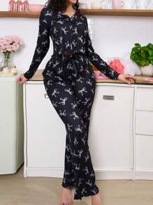 SweetSlumber 甜美清新蝴蝶结印花全图案女士睡衣套装，ins风，秋冬装 - 黑色 - 查看 3