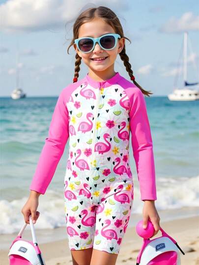 SHEIN Young Girls Flamingo Print Long Sleeve One-Piece Swimsuit With Zipper  Beachwear Summer Holiday