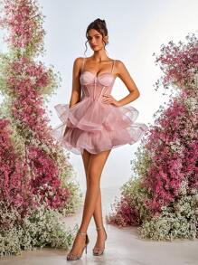 SHEIN Belle Elegant Satin Splice Mesh Hemline Bustier Waist Sheer A-Line Ball Gown, Wedding Guest Dress With 3D Ponytail Decor And Adjustable Lace-Up Back, Formal Event, Party Dress, Prom Dress - Pink - View 5