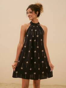 Travachic Robe mini décontractée de vacances pour femmes avec imprimé arbre de noix de coco sur la bretelle