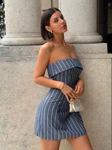 SHEIN Essnce 女士条纹抹胸休闲时尚迷你连衣裙 - 彩色 - 查看 1