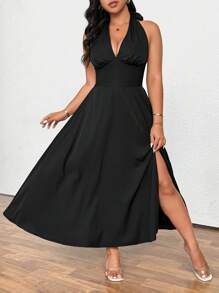 SHEIN Clasi Plus Size Women's New Design Tie Back Deep V-Neck Side Split Elegant Black Dress - Black - View 3