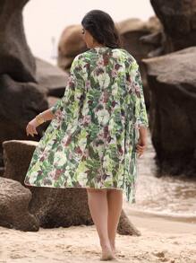 Swim Oasis Plus Size Women 2 Pieces Set Random Print Wireless One Piece Swimsuit With Long Sleeve Midi Cover Up Jacket, Casual Vacation Swimwear - Multicolor - View 2