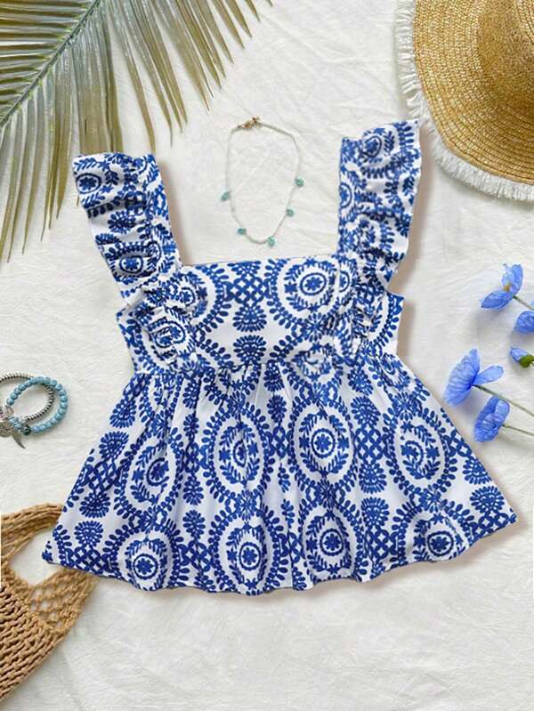 Sweetra Blusa casual de verano de mujer con cuello cuadrado vintage, diseño de cintura ceñida, mangas con volantes y bajo con volantes para vacaciones