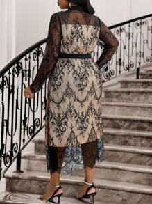 SHEIN Lady Autumn And Winter Elegant Work Office Black Knitted Lace Stand Collar Flared Contrast Lace Long Long Sleeve Plus Size Dresses Vacation Outfits Woman Beach Outfits For Woman Vacation Vacation Outfits Women Beach Vacation Outfits Beach Wedding Guest Dress Sundress Spring Outfits For Women