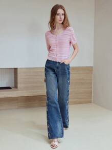 MOTF STUDIO BUTTON UP HOLLOW OUT SWEATER - Pink - View 4