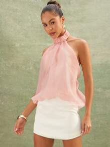 L'Amorae Elegant High Neck Bubble Hem Backless Summer Tops, Vacation - Baby Pink - View 3