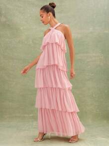 L'Amorae Vestido largo maxi elegante y fluido de un solo tono con cuello de halter y volantes