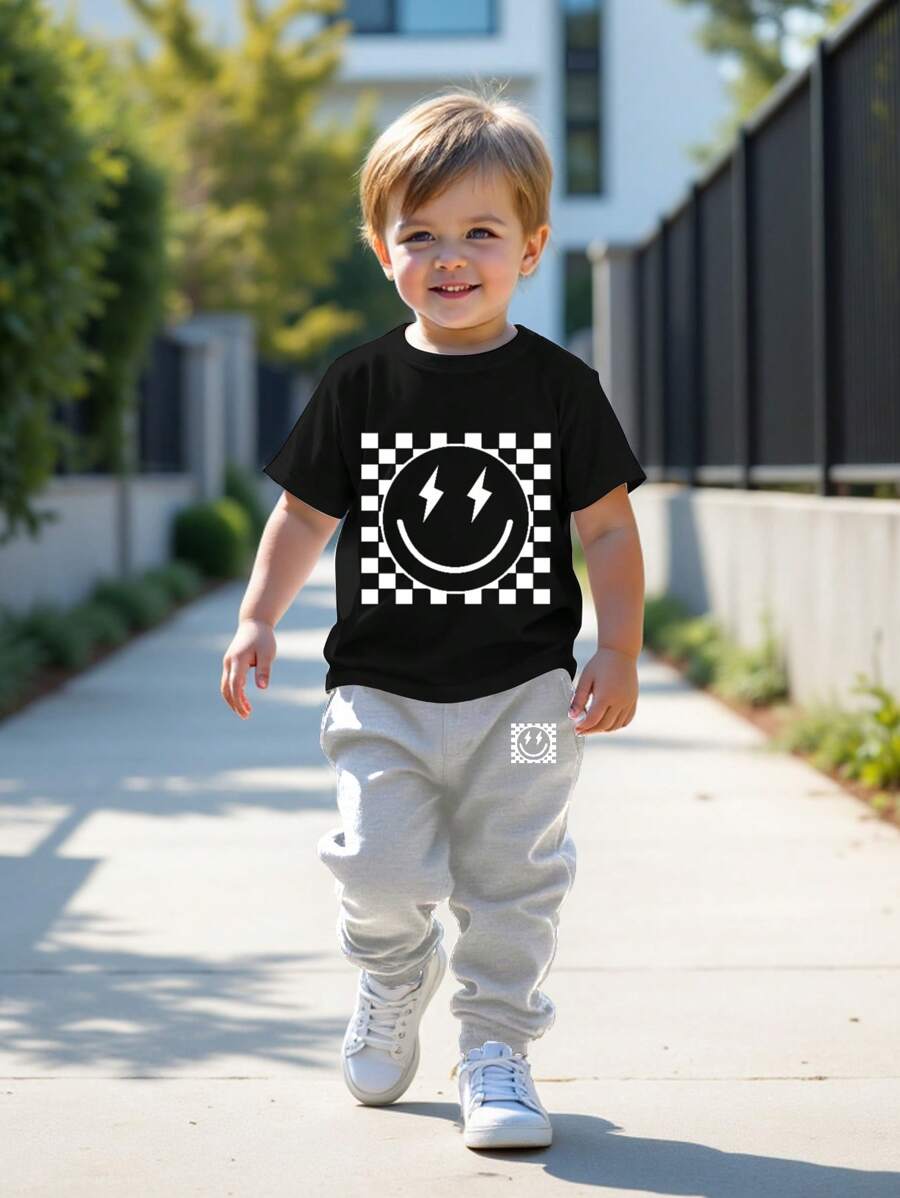 SHEIN 2件套男童休闲简约圆领短袖上衣和裤子套装