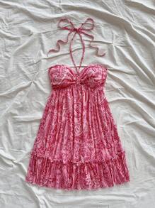 Soleia Hippie Women's Sleeveless Halter Neck Paisley Printed Dress,Sun Dress