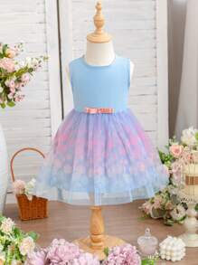 SHEIN Glamorique Kids Baby Girl Flower Bridesmaid Dress,  Wedding, Flower Girl ,Elegant Dress,Baby Girl Summer Dress ,Flower,Birthday Photo Clothing,Birthday Party,Party Performance,Suitable For Formal Occasions,Vacation - Blue - View 7