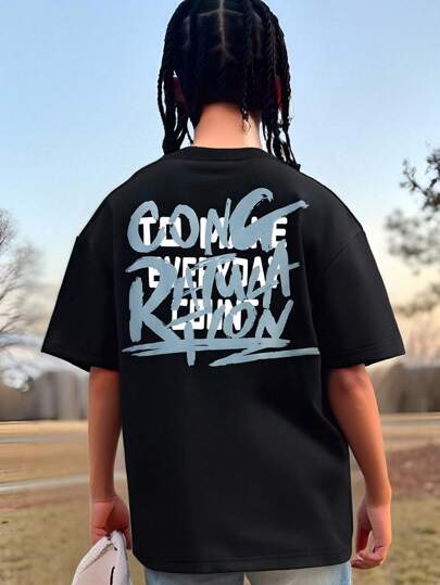 SHEIN Boys Slogan Graphic Oversized T-Shirt, Fashionable Slogan Design, Loose Fit, Drop Shoulder, Breathable & Refreshing