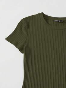 SHEIN EZwear 羅紋針織素色連衣裙 - 軍綠色 - 查看 4